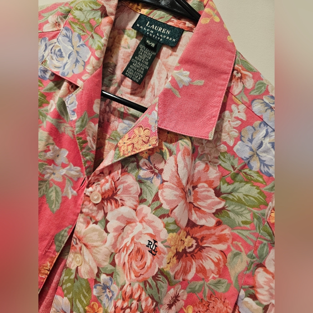 Lauren Ralph Lauren Floral Pink Short Sleeve Button Down Shirt Size Petite SMALL - Picture 2 of 4